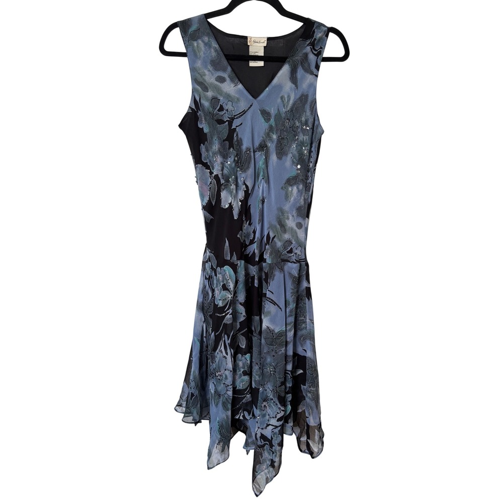 Y2K Point Final Blue Black Floral Handkerchief Hem Sequin Midi Dress Womens M